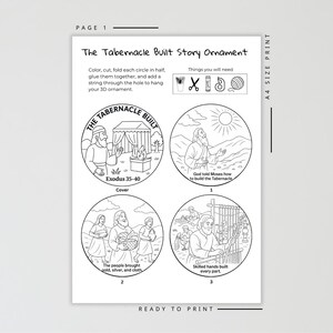 Pode incluir: Uma folha de atividades imprim&iacute;vel em preto e branco intitulada "The Tabernacle Built Story Ornament". Apresenta quatro ilustra&ccedil;&otilde;es circulares retratando cenas de &Ecirc;xodo 35-40, com instru&ccedil;&otilde;es e materiais necess&aacute;rios.