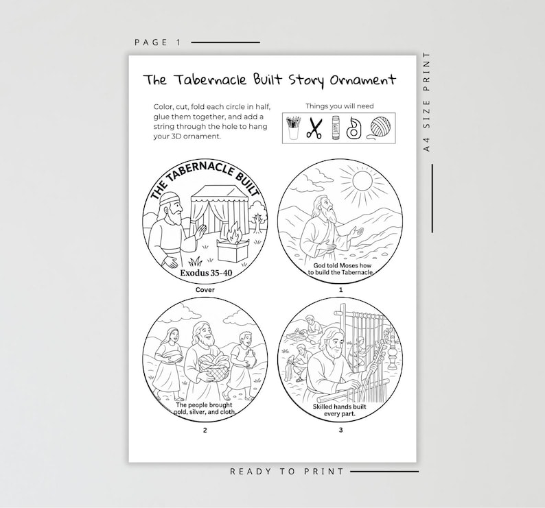 Pode incluir: Uma folha de atividades imprim&iacute;vel em preto e branco intitulada "The Tabernacle Built Story Ornament". Apresenta quatro ilustra&ccedil;&otilde;es circulares retratando cenas de &Ecirc;xodo 35-40, com instru&ccedil;&otilde;es e materiais necess&aacute;rios.