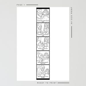 Puede incluir: P&aacute;gina de cuento infantil ilustrada en blanco y negro. La p&aacute;gina presenta una tira vertical de paneles secuenciales que representan una historia b&iacute;blica. El texto incluye "Samuel durmi&oacute; en la casa de Dios por la noche" y "Habla, Se&ntilde;or, aqu&iacute; estoy."