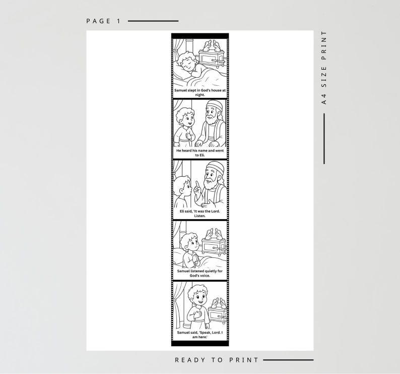 Puede incluir: P&aacute;gina de cuento infantil ilustrada en blanco y negro. La p&aacute;gina presenta una tira vertical de paneles secuenciales que representan una historia b&iacute;blica. El texto incluye "Samuel durmi&oacute; en la casa de Dios por la noche" y "Habla, Se&ntilde;or, aqu&iacute; estoy."