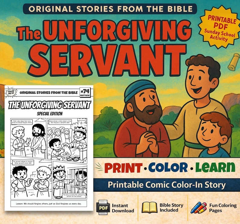 The Unforgiving Servant Bible Comic Colouring Page: listing photo