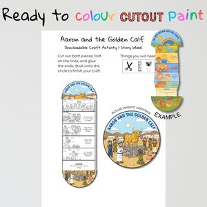 May include: A printable craft activity sheet titled Aaron and the Golden Calf featuring a black and white story wheel template, a colored example of the finished wheel, and instructions for cutting, folding, and gluing the paper components.