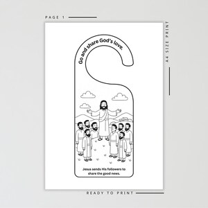 May include: Black and white door hanger with a religious theme. The design features Jesus with his followers, with the text "Go and share God's love." and "Jesus sends His followers to share the good news."