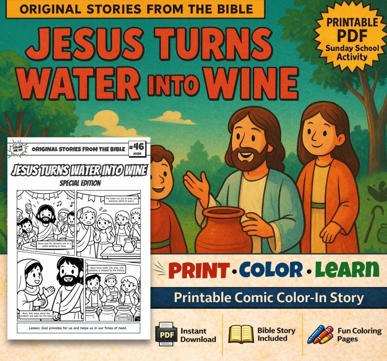 Jesus Turns Water into Wine Bible Comic Colouring Page for Kids: listing photo