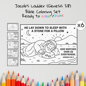 May include: A Bible coloring set titled "Jacob's Ladder (Genesis 28)" with the text "Ready to colour/Paint." The main image shows a person sleeping with a stone pillow. Includes six smaller images and the text "God watches over us everywhere."