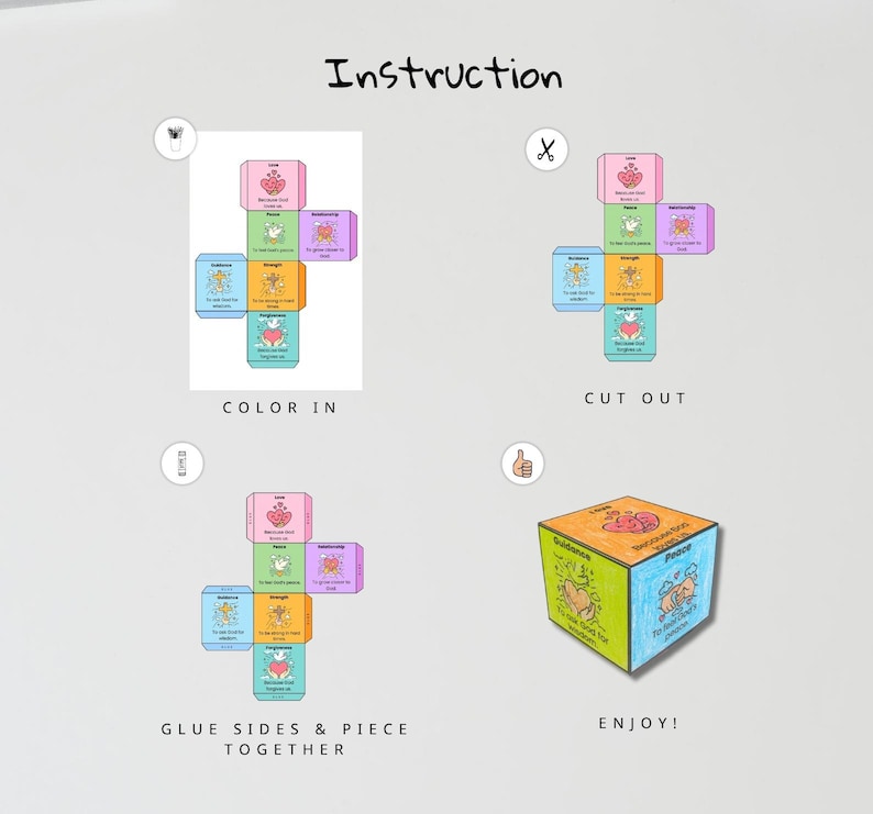May include: A step-by-step instruction guide for creating a paper cube. The guide includes instructions to color in, cut out, glue sides, and piece together the cube. The finished cube is multi-colored with illustrations and text.