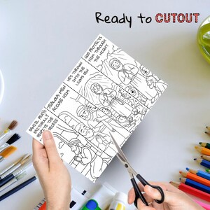May include: A black and white illustrated cutout activity sheet with the text "Ready to CUTOUT". The sheet depicts biblical scenes with text including "Daniel prays faithfully despite the decree" and "God protects him through the night". Scissors are cutting the sheet.