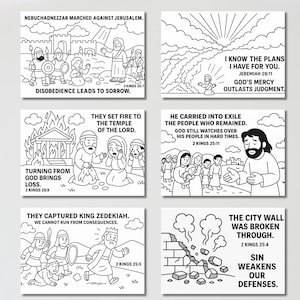 May include: Set of six black and white Bible story coloring pages. Each page features a different scene with text from 2 Kings and Jeremiah. Illustrations include people, buildings, and landscapes.