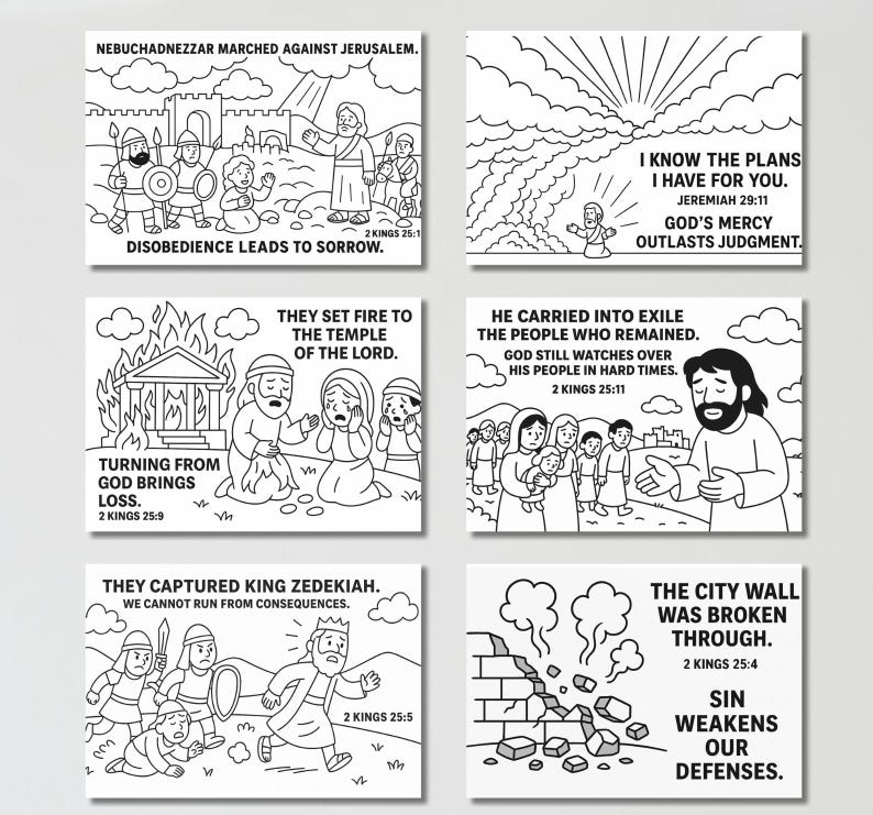 May include: Set of six black and white Bible story coloring pages. Each page features a different scene with text from 2 Kings and Jeremiah. Illustrations include people, buildings, and landscapes.