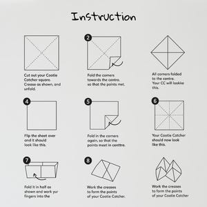 May include: A step-by-step instructional diagram for creating a Cootie Catcher, also known as a fortune teller. The image shows eight numbered steps with illustrations and text instructions on a light background. The word "Instruction" is at the top.