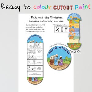 Peut inclure: Activité artisanale téléchargeable "Philip and the Ethiopian" avec des instructions pour couper, plier et coller. L'image comprend un exemple de roue d'histoire, une liste des fournitures nécessaires et le texte "Ready to colour CUTOUT Paint."