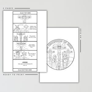 Peut inclure: Pages &agrave; colorier imprimables en noir et blanc. Une page pr&eacute;sente une bande dessin&eacute;e de la crucifixion de J&eacute;sus. L'autre page pr&eacute;sente une illustration circulaire de la crucifixion avec le texte "La Crucifixion de J&eacute;sus".