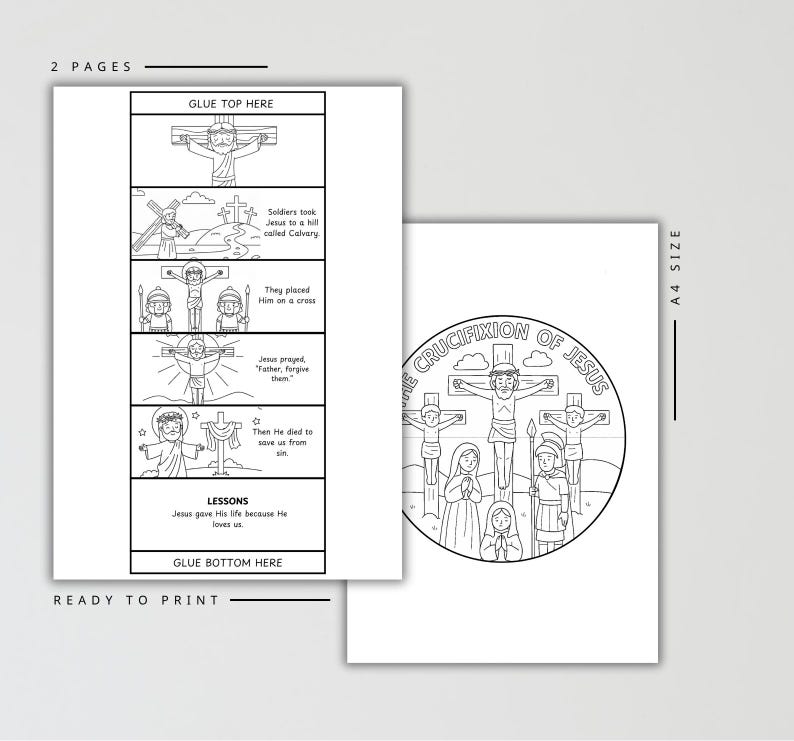 Peut inclure: Pages &agrave; colorier imprimables en noir et blanc. Une page pr&eacute;sente une bande dessin&eacute;e de la crucifixion de J&eacute;sus. L'autre page pr&eacute;sente une illustration circulaire de la crucifixion avec le texte "La Crucifixion de J&eacute;sus".