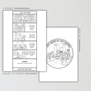 May include: Two-page ready-to-print coloring pages. One page features a comic strip about Jesus in the temple, with text and illustrations. The other page has a circular illustration of Jesus in the temple, with the text "BOY JESUS IN THE TEMPLE".