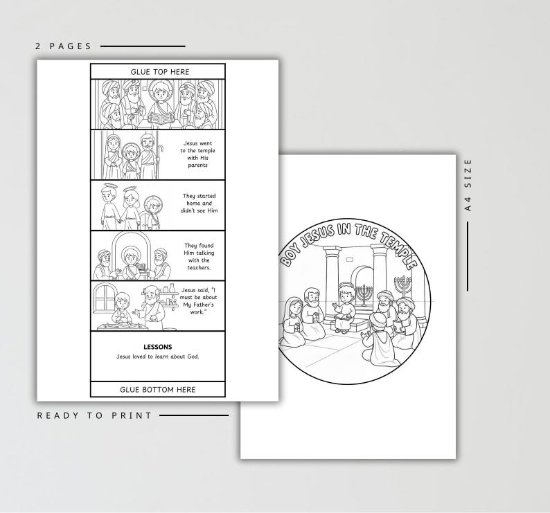 May include: Two-page ready-to-print coloring pages. One page features a comic strip about Jesus in the temple, with text and illustrations. The other page has a circular illustration of Jesus in the temple, with the text "BOY JESUS IN THE TEMPLE".