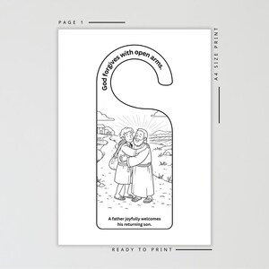 May include: Black and white door hanger with a drawing of two figures embracing. The text "God forgives with open arms" is at the top, and "A father joyfully welcomes his returning son" is at the bottom. The design is ready to print.
