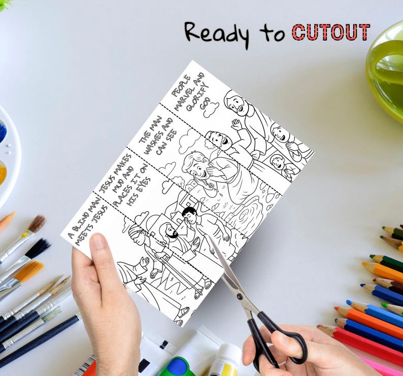 May include: A black and white illustrated cutout activity sheet with the text "Ready to CUTOUT". The sheet depicts a biblical story with the text "A BLIND MAN MEETS JESUS" and "PEOPLE MARVEL AND GLORIFY GOD". Scissors are cutting the sheet.