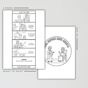 May include: Two-page ready-to-print colouring book with the text "Paul Before King Agrippa." The first page features a comic strip with text bubbles. The second page has a circular illustration of Paul and King Agrippa.