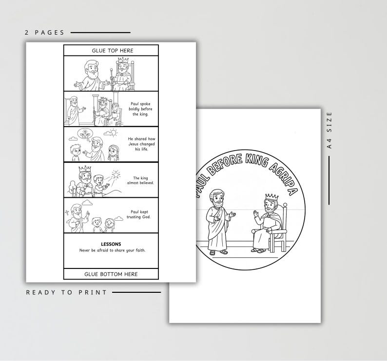 May include: Two-page ready-to-print colouring book with the text "Paul Before King Agrippa." The first page features a comic strip with text bubbles. The second page has a circular illustration of Paul and King Agrippa.