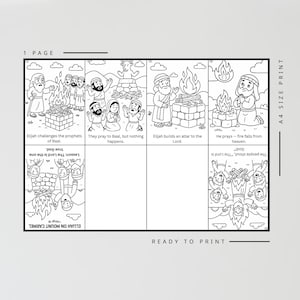May include: Black and white illustrated Bible story page with text and images. The page includes scenes of Elijah challenging prophets, praying, and building an altar. Text includes "Elijah on Mount Carmel" and "Ready to Print."