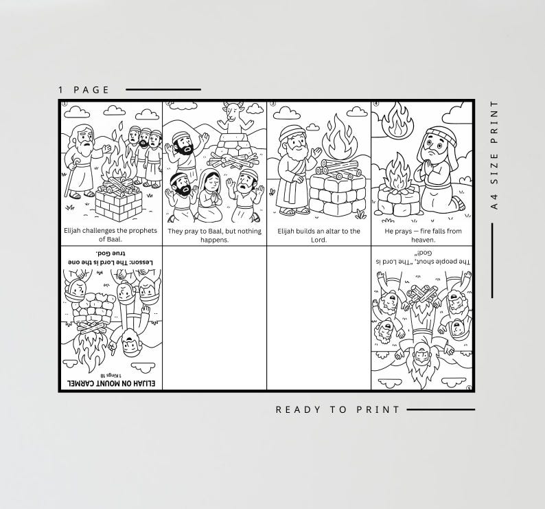 May include: Black and white illustrated Bible story page with text and images. The page includes scenes of Elijah challenging prophets, praying, and building an altar. Text includes "Elijah on Mount Carmel" and "Ready to Print."