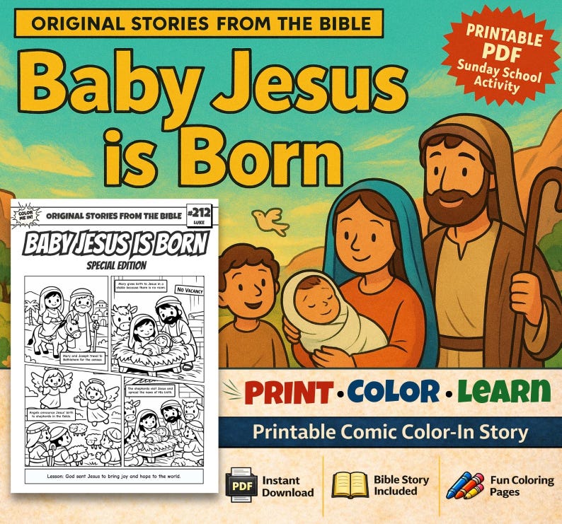 Baby Jesus is Born Bible Comic Colouring Page: listing photo