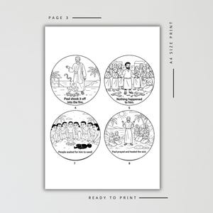May include: Black and white line art print with four circular illustrations depicting a biblical story. Text includes "PAGE 3", "Paul shook it off into the fire", "Nothing happened to him", "People waited for him to swell", and "Paul prayed and healed the sick".