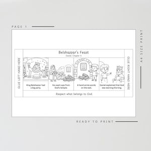 May include: Black and white printable page titled "Belshazzar's Feast" with illustrations from the biblical story. Captions include "King Belshazzar had a big party" and "Respect what belongs to God." Includes instructions to glue left and right.