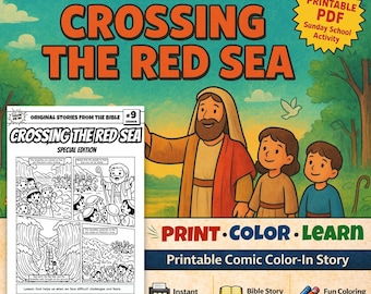 Crossing the Red Sea A4 Bible Comic Coloring Page | Sunday School Craft | Bible Study for Kids | Children’s Church Activity | Exodus 14–15