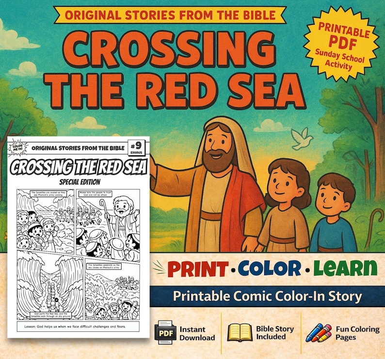 Crossing the Red Sea Bible Comic Colouring Page: listing photo