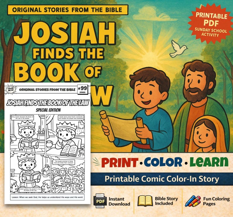 Josiah Finds the Book of the Law Bible Comic Colouring Page for Kids: listing photo