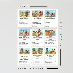 K&ouml;nnte beinhalten: A4-Druck mit illustrierten Karten mit biblischen Geschichten. Jede Karte hat eine Frage und Antworten. Der Text "PAGE 1" und "READY TO PRINT" ist sichtbar. Die Karten sind in einem Raster angeordnet.