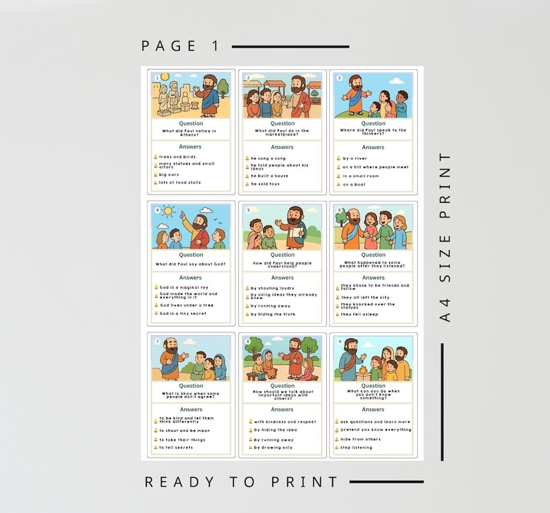 K&ouml;nnte beinhalten: A4-Druck mit illustrierten Karten mit biblischen Geschichten. Jede Karte hat eine Frage und Antworten. Der Text "PAGE 1" und "READY TO PRINT" ist sichtbar. Die Karten sind in einem Raster angeordnet.