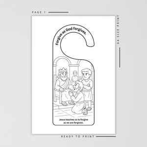 May include: Black and white door hanger with a cutout for the doorknob. The illustration depicts a biblical scene with the text "Forgive as God forgives" and "Jesus teaches us to forgive as we are forgiven."