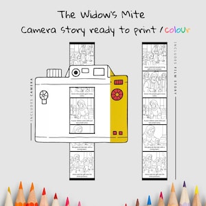 May include: A black and white line drawing of a camera with a yellow accent, and the text "The Widow's Mite Camera story ready to print / colour". The camera includes film story and camera text.