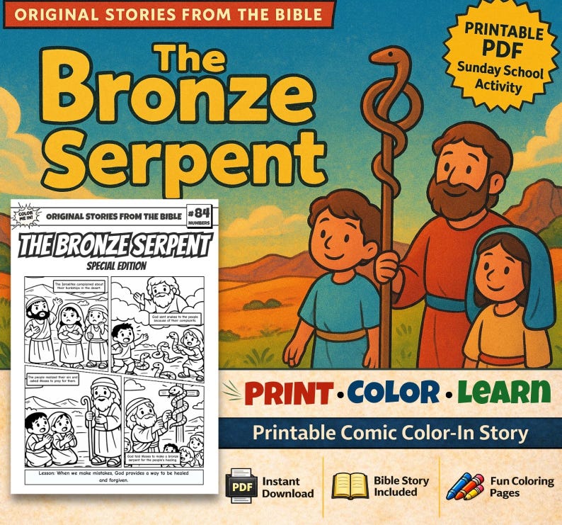 The Bronze Serpent Bible Comic Colouring Page: listing photo