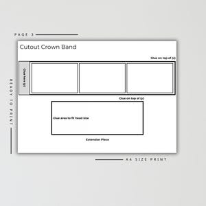 Puede incluir: Una p&aacute;gina blanca lista para imprimir con el texto "Cutout Crown Band". La p&aacute;gina incluye una banda rectangular con tres cuadros y una pieza de extensi&oacute;n. Las instrucciones incluyen "Pegar aqu&iacute; (y)" y "Pegar &aacute;rea para ajustar el tama&ntilde;o de la cabeza."
