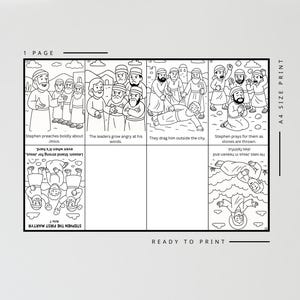 K&ouml;nnte beinhalten: Schwarz-Wei&szlig;-Druck mit Comic-Strip-Illustration einer biblischen Geschichte. Bildunterschriften enthalten "Stephan predigt mutig &uuml;ber Jesus" und "Sie schleifen ihn vor die Stadt". Der Druck tr&auml;gt den Titel "Stephan der erste M&auml;rtyrer".