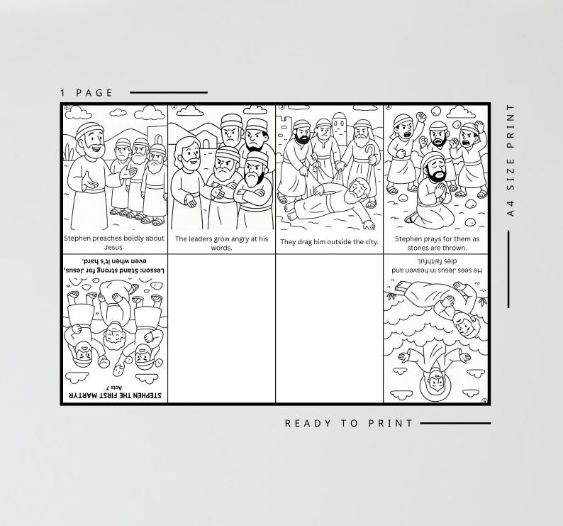 K&ouml;nnte beinhalten: Schwarz-Wei&szlig;-Druck mit Comic-Strip-Illustration einer biblischen Geschichte. Bildunterschriften enthalten "Stephan predigt mutig &uuml;ber Jesus" und "Sie schleifen ihn vor die Stadt". Der Druck tr&auml;gt den Titel "Stephan der erste M&auml;rtyrer".