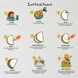 May include: Illustrated instructions for a children's craft project. The steps include coloring, cutting, folding, and gluing paper circles to create a storybook. The text includes "Instructions", "Color", "Cut Out", "Fold", "Glue", "Repeat", "Unfold", and "Add to Jesus".