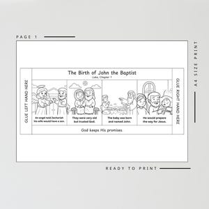 May include: Black and white illustration depicting the birth of John the Baptist, with text including "The Birth of John the Baptist" and "God keeps His promises." The image is labelled "Page 1" and "A4 SIZE PRINT."
