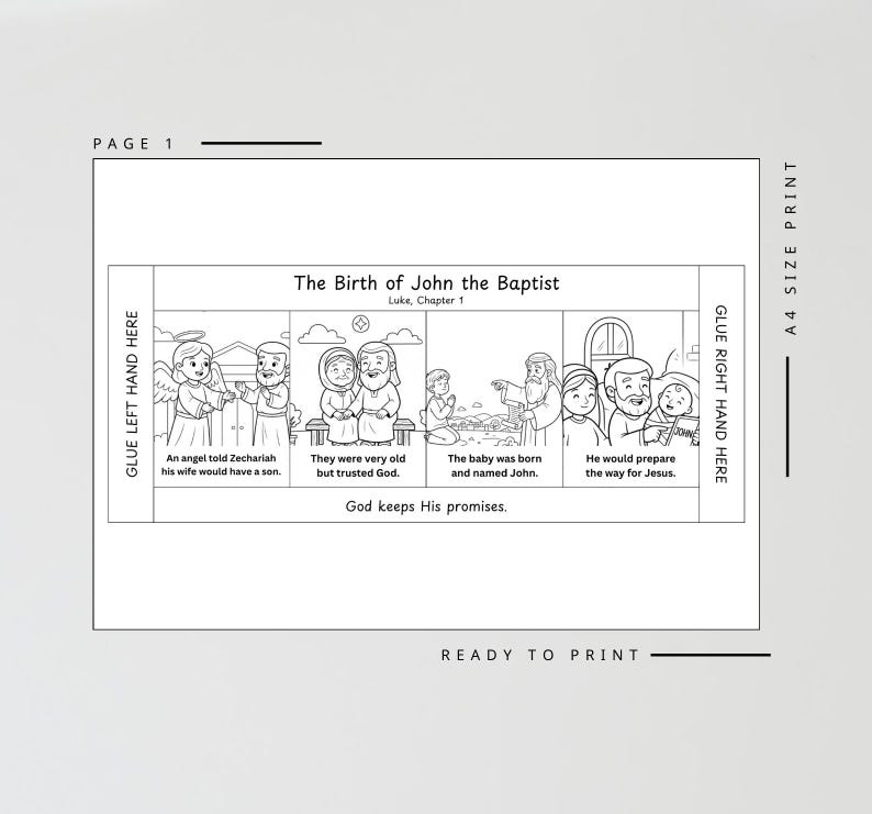 May include: Black and white illustration depicting the birth of John the Baptist, with text including "The Birth of John the Baptist" and "God keeps His promises." The image is labelled "Page 1" and "A4 SIZE PRINT."