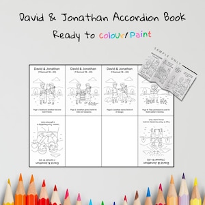 Puede incluir: Un libro acordeón ilustrado, titulado "David & Jonathan", listo para colorear o pintar. El libro incluye texto e imágenes que representan escenas de la historia bíblica. También se muestra una página de muestra.