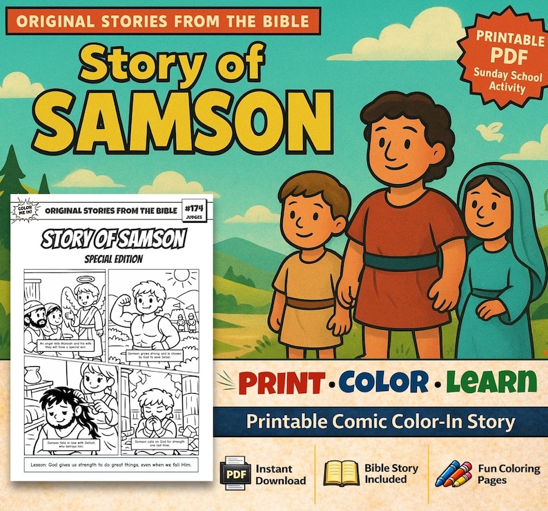 Story of Samson Bible Comic Colouring Page: listing photo