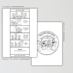 May include: Two-page black and white printable activity. One page features a comic strip about the wise men's visit to Jesus. The other page has a circular illustration of the wise men visiting Jesus. Text includes "The Wise Men Visit" and "Ready to Print."