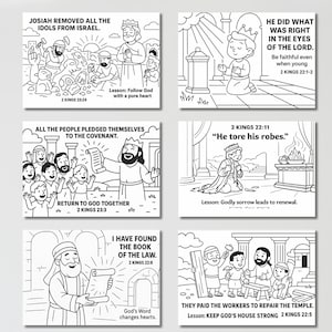 May include: A set of six black and white coloring pages with Bible verses and illustrations. The images depict scenes from the Bible, including Josiah removing idols, people pledging to the covenant, and workers repairing the temple. Each page includes text.