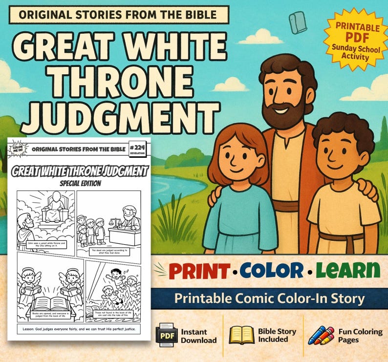 Great White Throne Judgment Bible Comic Colouring Page for Kids: listing photo