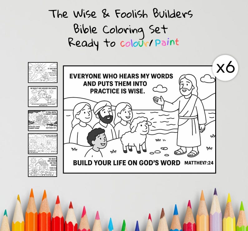 Wise and Foolish Builders Bible Colouring Pages: listing photo