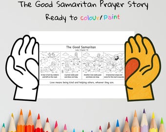Lavoretto con le mani in preghiera del Buon Samaritano / Lezione sulla gentilezza e l'amore / Attività di colorazione cristiana / Materiale stampabile per la scuola domenicale
