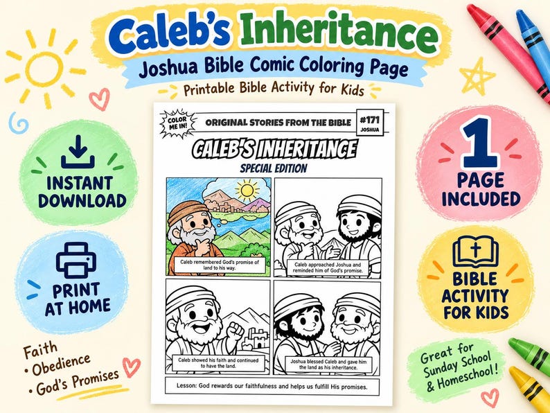 Caleb’s Inheritance Bible Comic Colouring Page: listing photo